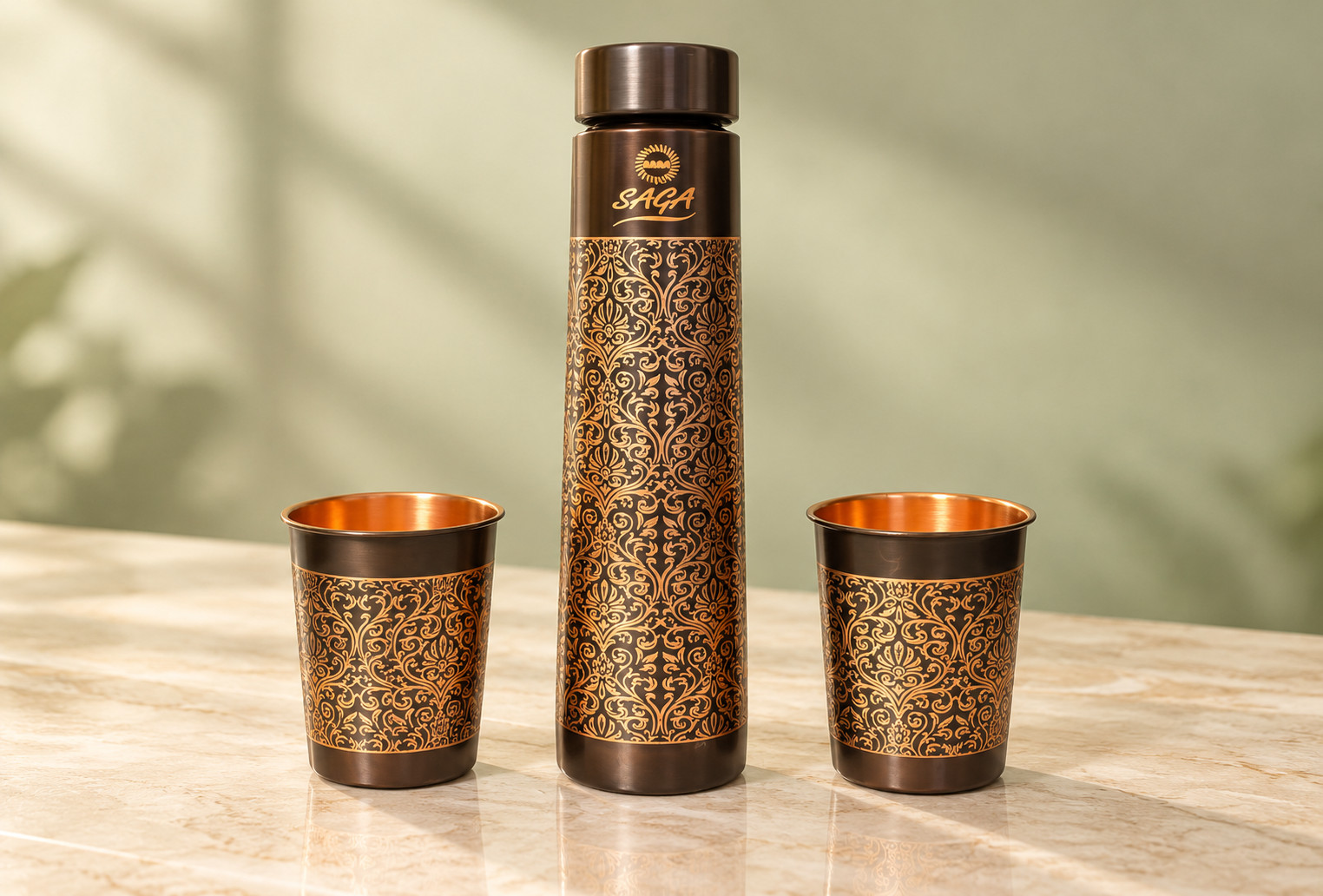 Ayurvedic Pure Copper Water Bottle with 2 Glasses Vintage Style Fastship