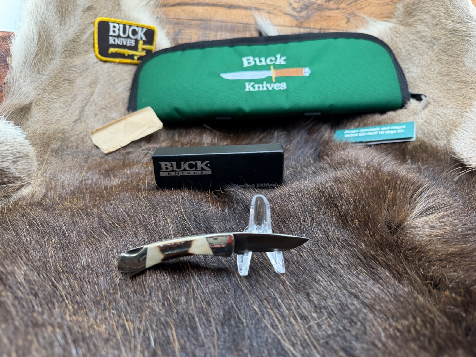 2002 Buck Knight 500 Sambar Stag Knife Ltd. Edt. & Leather Sheath Mint & Rare