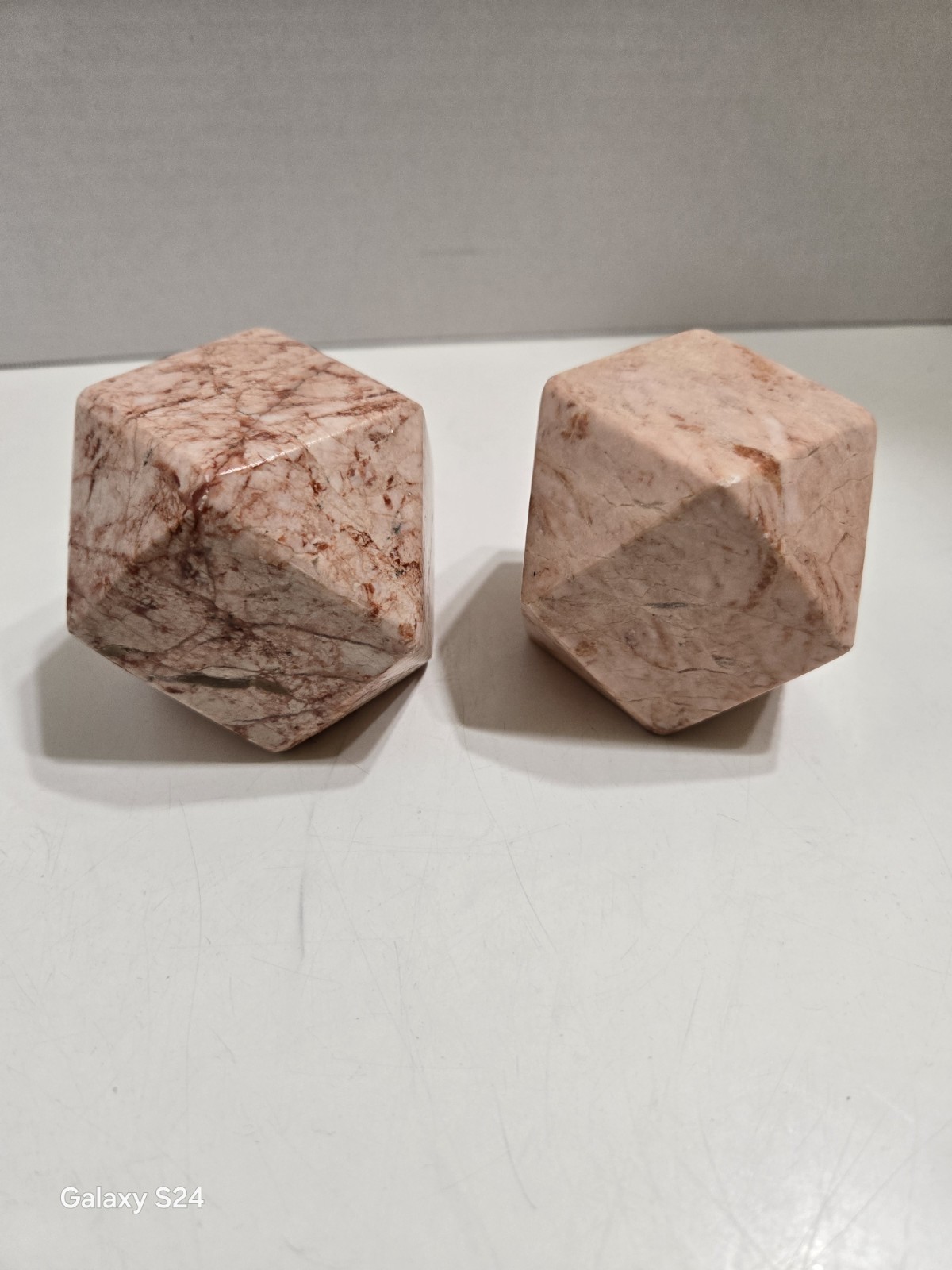 Set Of (2) PINK GRANITE Or Sunstone Geometric Paperweight- 14 Sided...