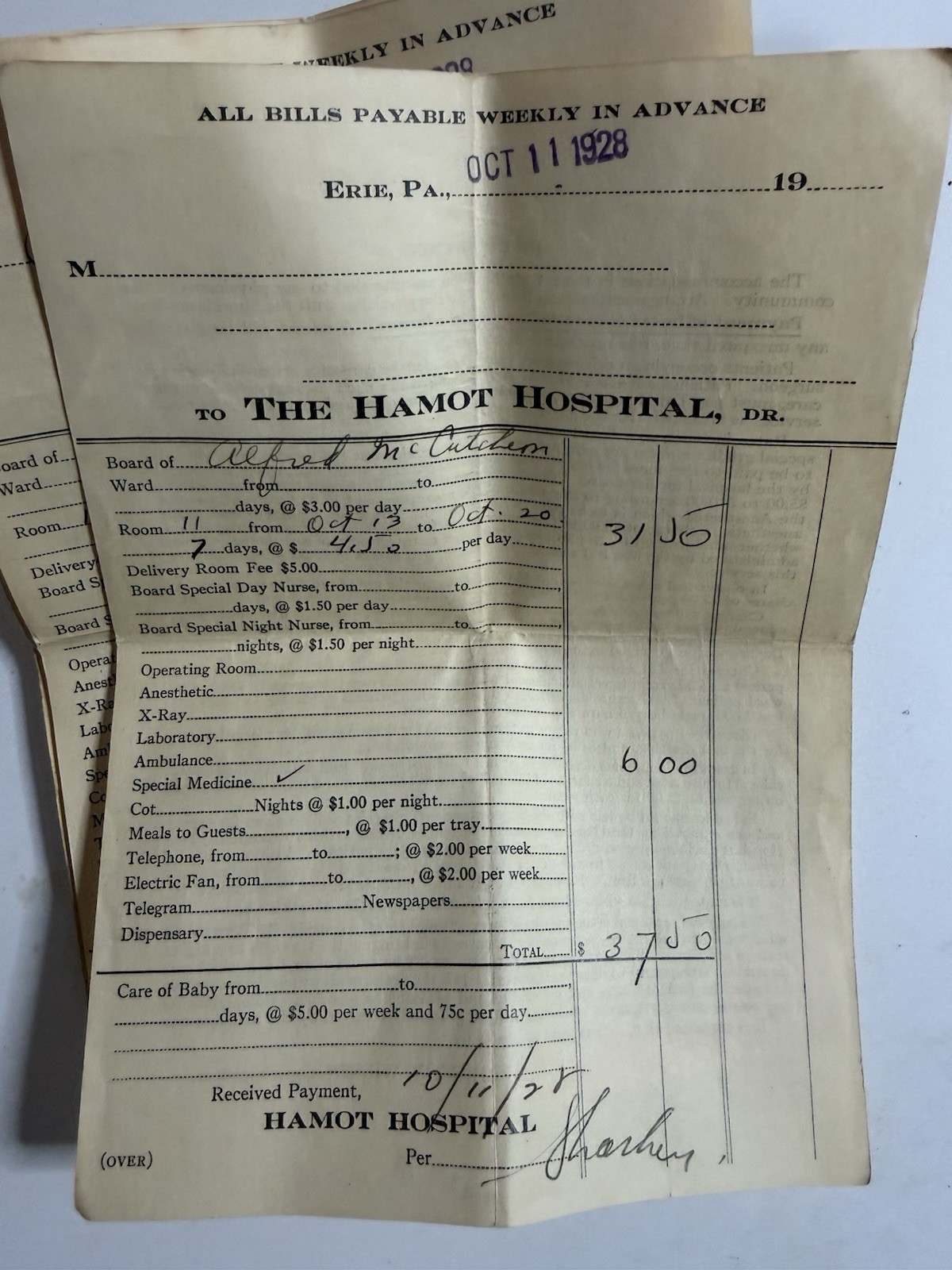1928-1929 Hamot Hospital Erie PA Medical Bills Lot of 8 Antique Ephemera