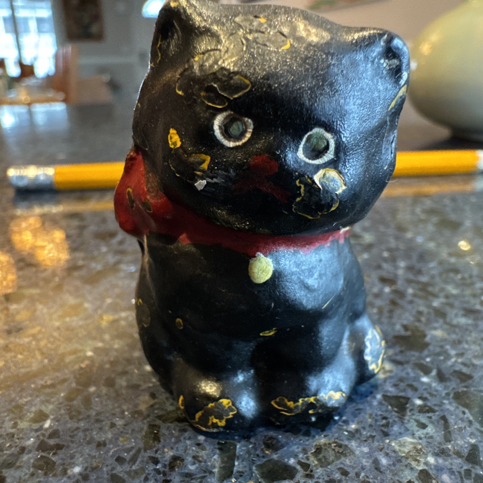 Antique Solid Cast Iron Black Cat Red Bow No Seams Victorian Folk Art  Heavy