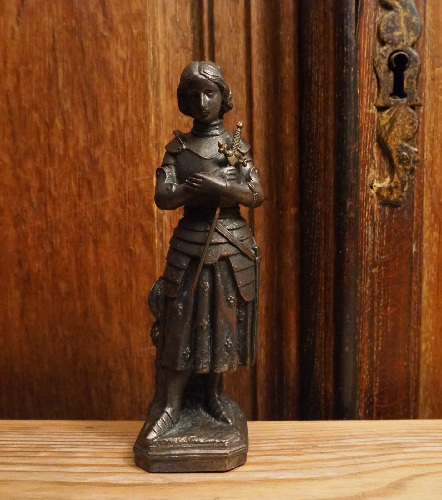 Antique french detailed religious bronze look Statue of Saint Joan of Arc