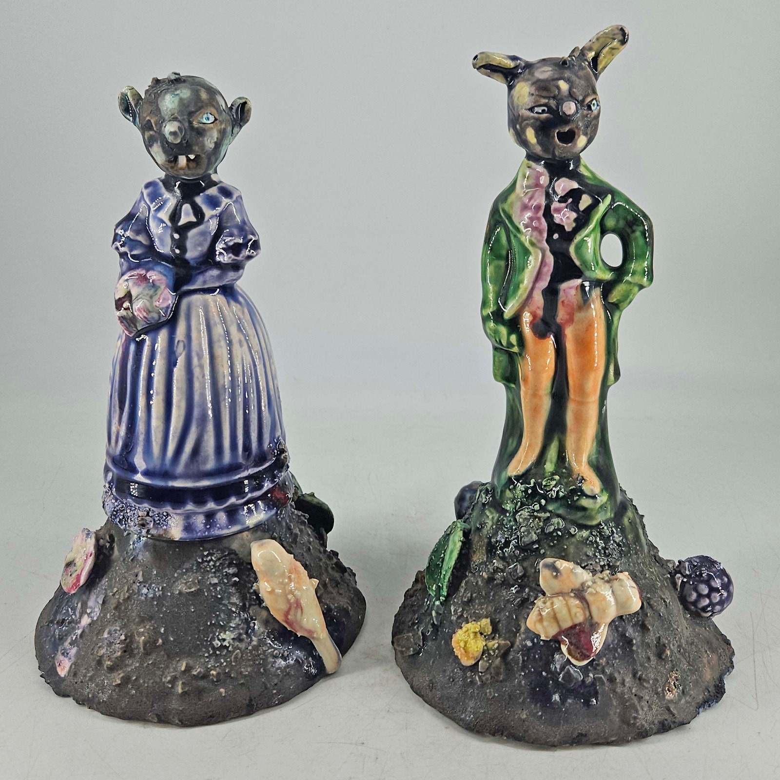 Vintage Anthropomorphic odd creatures majolica glaze victorian dress figurines