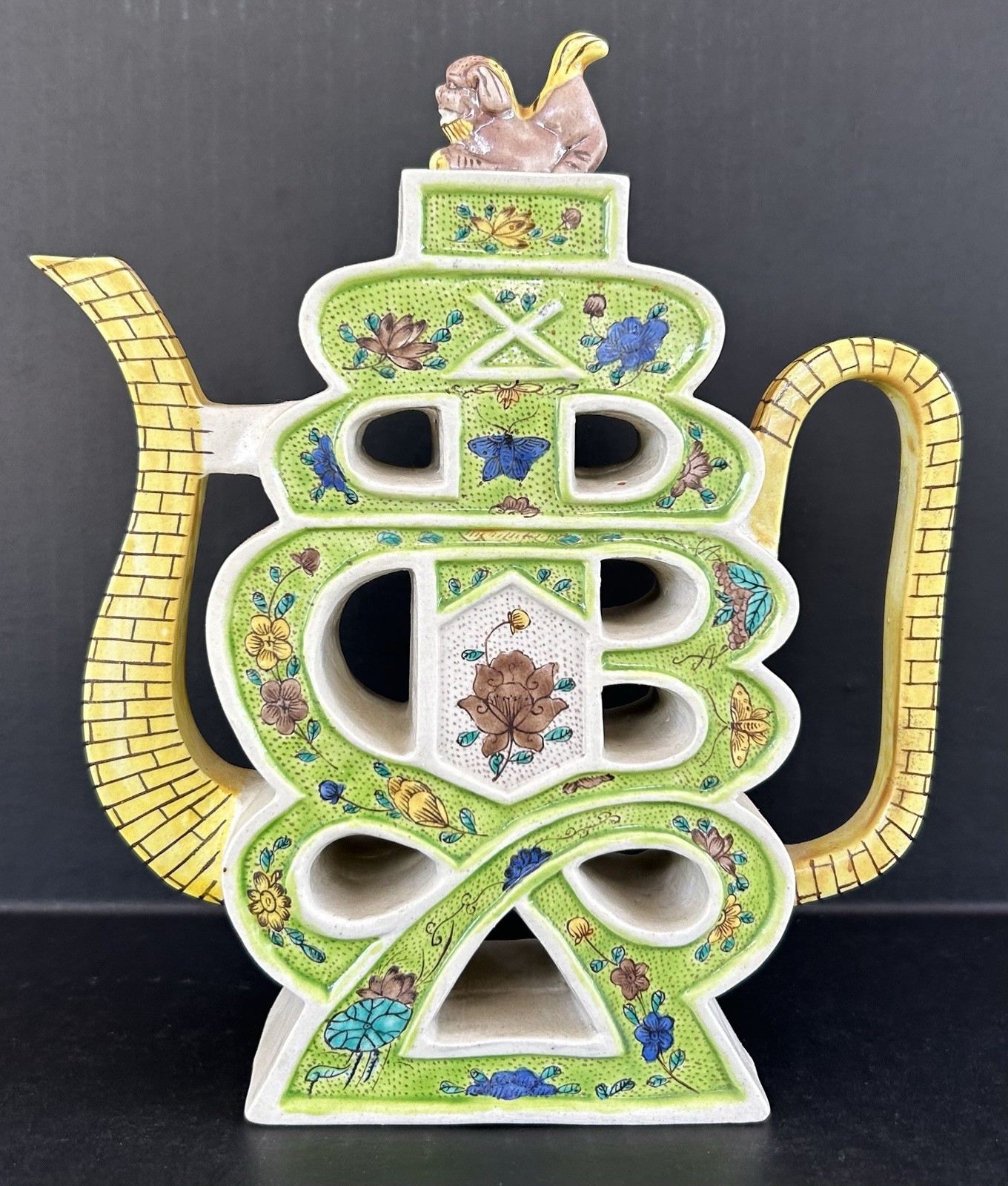 Chinese Puzzle Teapot Famille Verte Hand Painted Porcelain 19th Century Antique Chinese Puzzle Teapot Famille Verte Hand Painted Porcelain 19th Century Antique