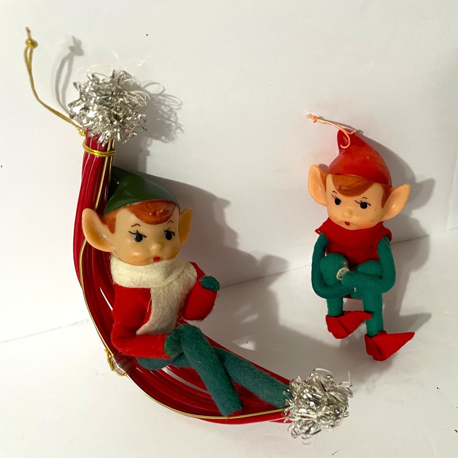 Vtg Felted Pixie Elf on Red Hammock + Small Knee Hugger Elf Ornaments