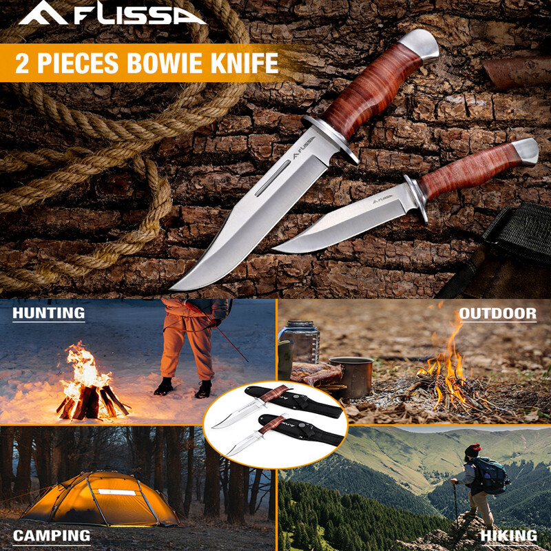 Flissa 2PC Fixed Blade Bowie Knife Full Tang Hunting Knife Leather Handle Sheath