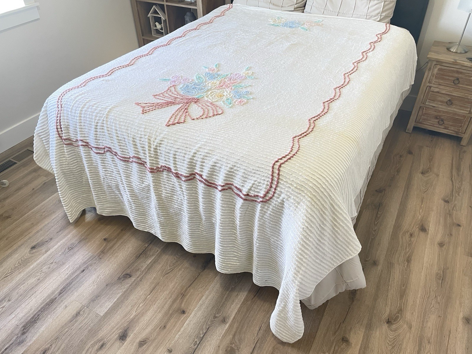 Vintage Chenille Bedspread Pastel Floral Bouquet Pink Bow Cottage Coverlet AS IS