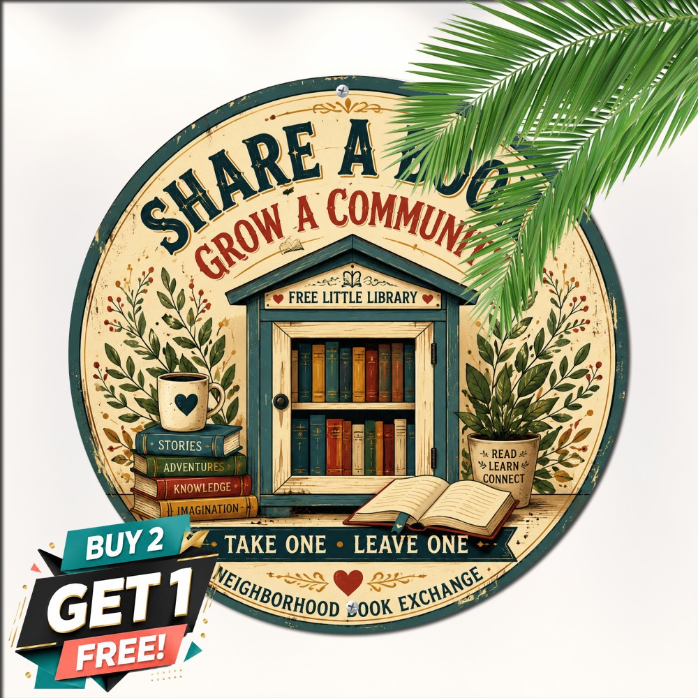 Little Free Library Round Sign Book Exchange Neighborhood Community Plaque