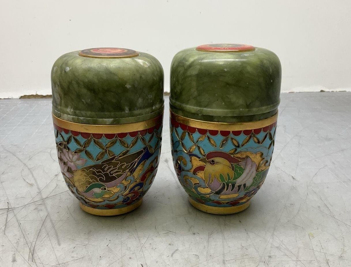 Pair of Chinese Zodiac spinach jade lidded cups with cloisonné metal holders Pair of Chinese Zodiac spinach jade lidded cups with cloisonné metal holders