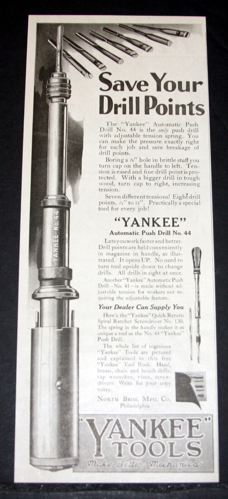1921 OLD MAGAZINE PRINT AD, YANKEE, AUTOMATIC PUSH DRILL NO. 44, & DRILL BITS