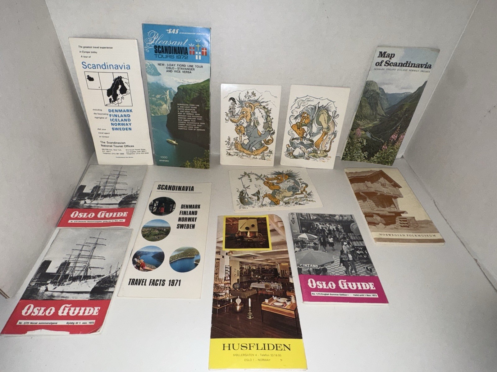 Vintage 1970s Scandinavia Travel Brochures & Troll Postcards Denmark Norway Maps