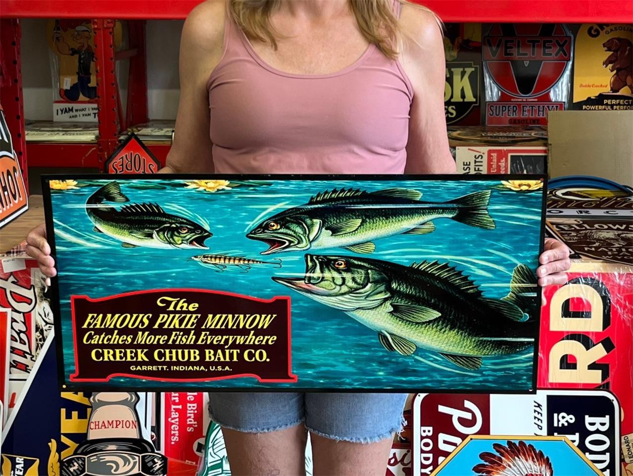 Antique Vintage Style Sign Creek Chub Minnow Bait NOT Porcelain Made USA 30x14