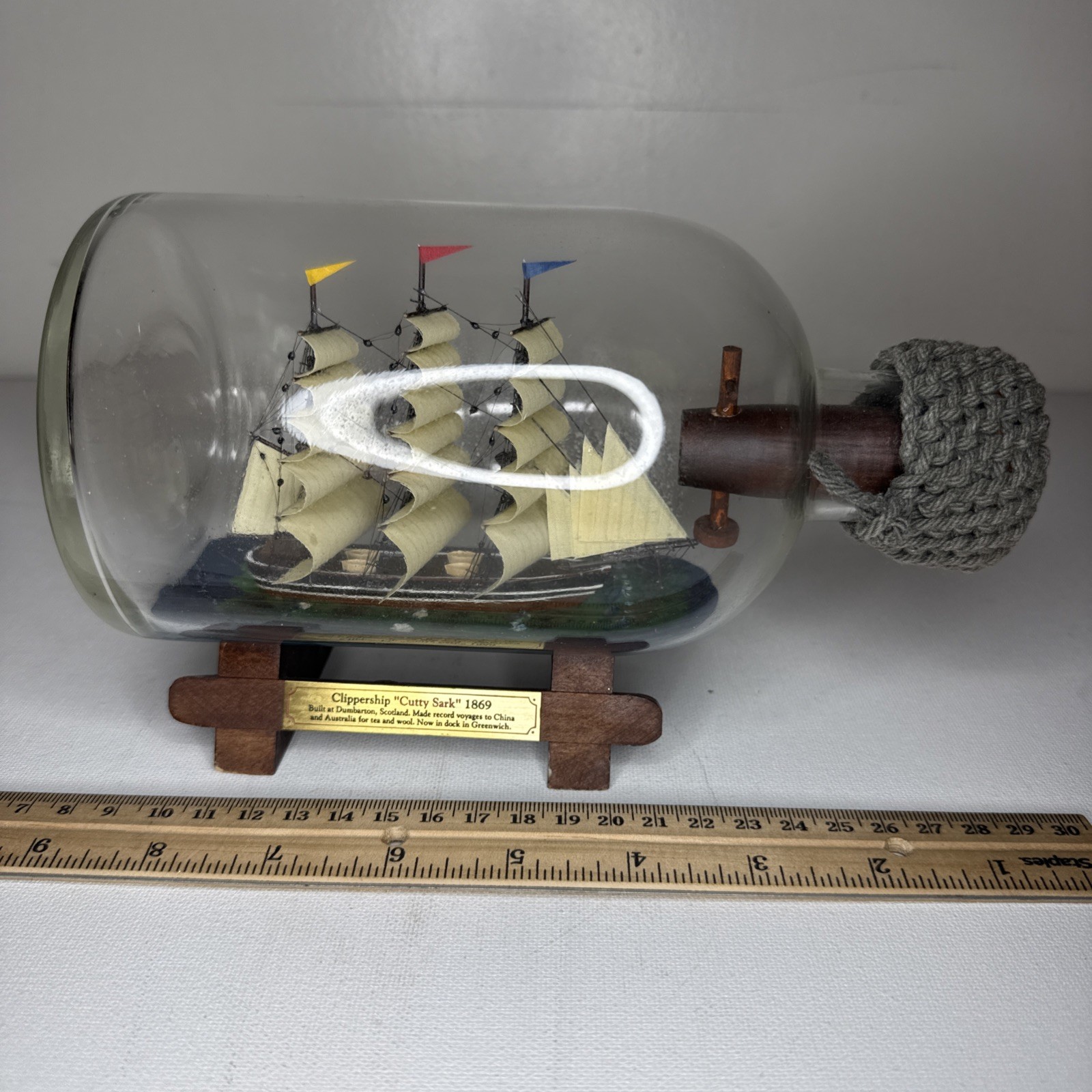 Vintage Cutty Sark 1869 Clipper Ship in a Bottle Glass Nautical Decor Stand