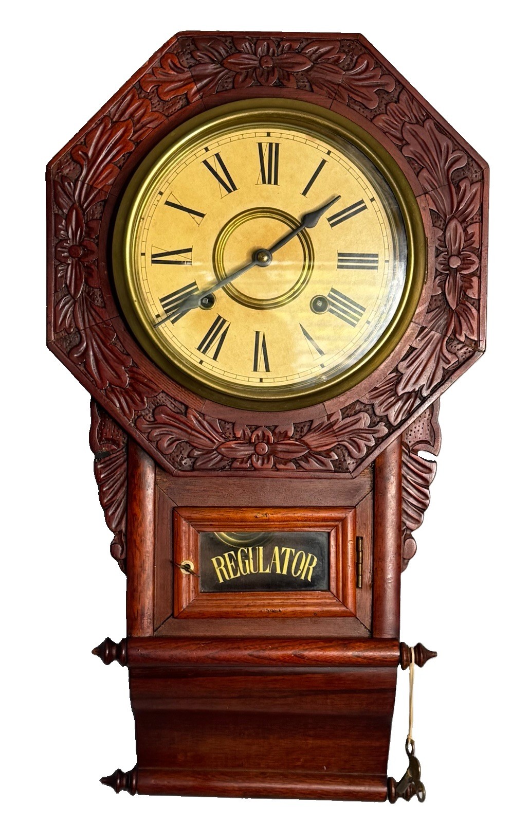 Vintage Heavily Carved Regulator Wall Clock Fully Serviced With Key  Pendulum ￼