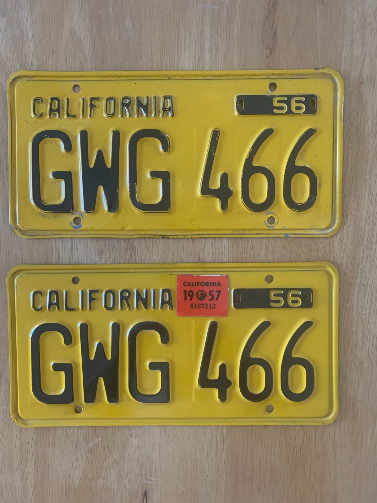 California 1956 Yellow License Plate Pair DMV Clear GWG 466 SPECIAL XMAS PRICING
