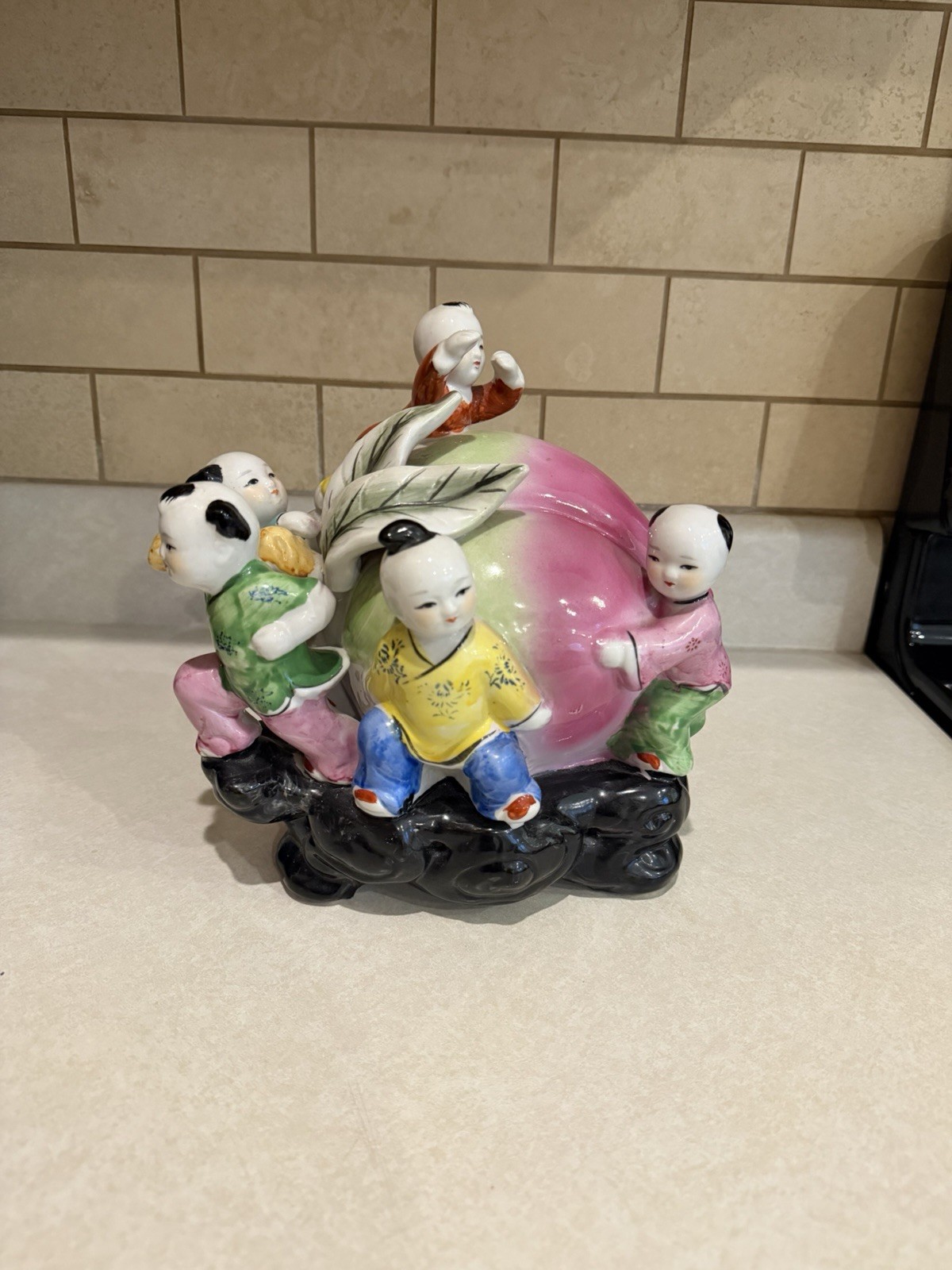 Vintage Chinese Porcelain Figurine Pi’s Kids Dragging A Peach Vintage Chinese Porcelain Figurine Pi’s Kids Dragging A Peach
