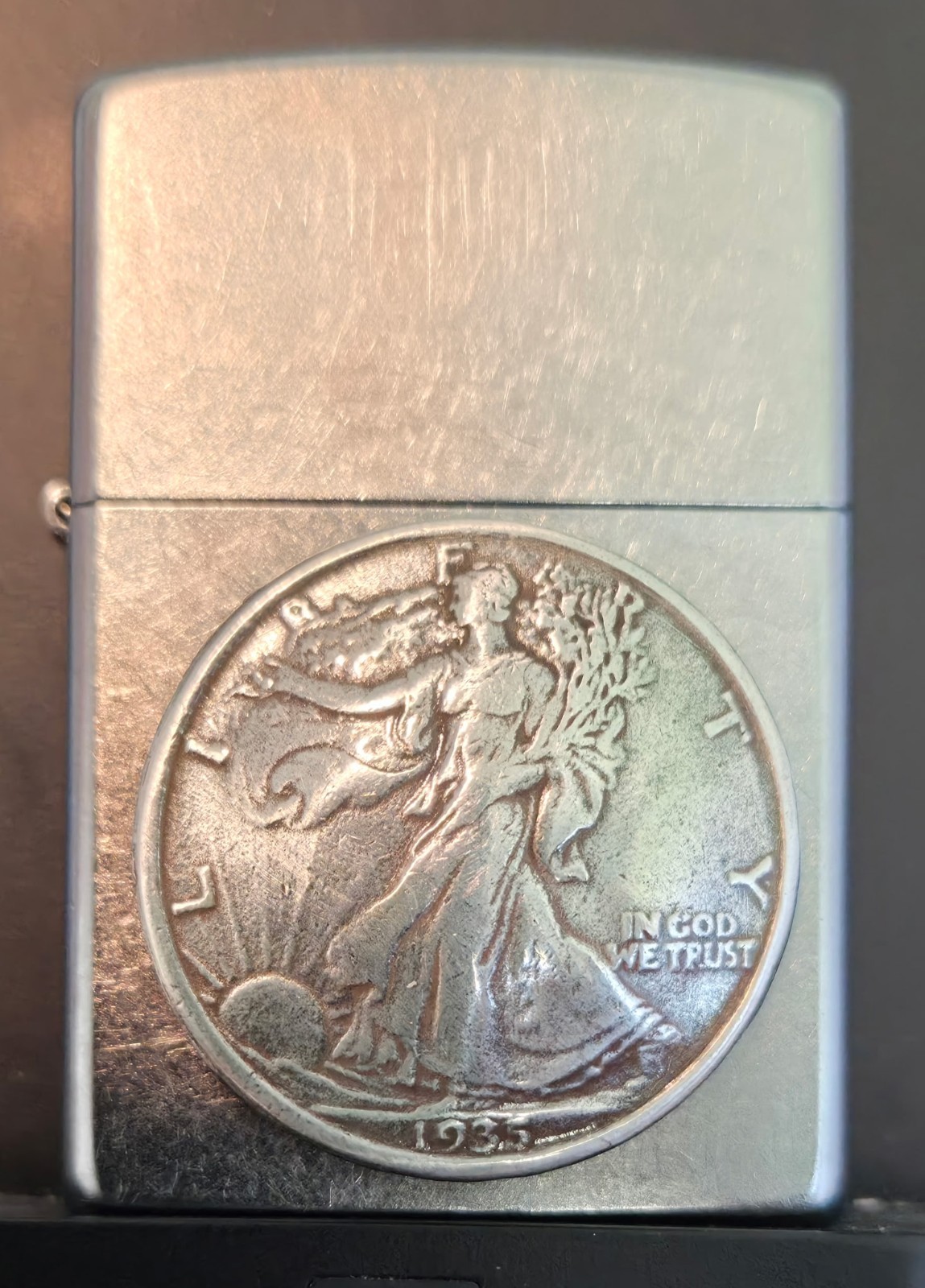 New Genuine Zippo Brushed Chrome Lighter with Walking Liberty Coin Design