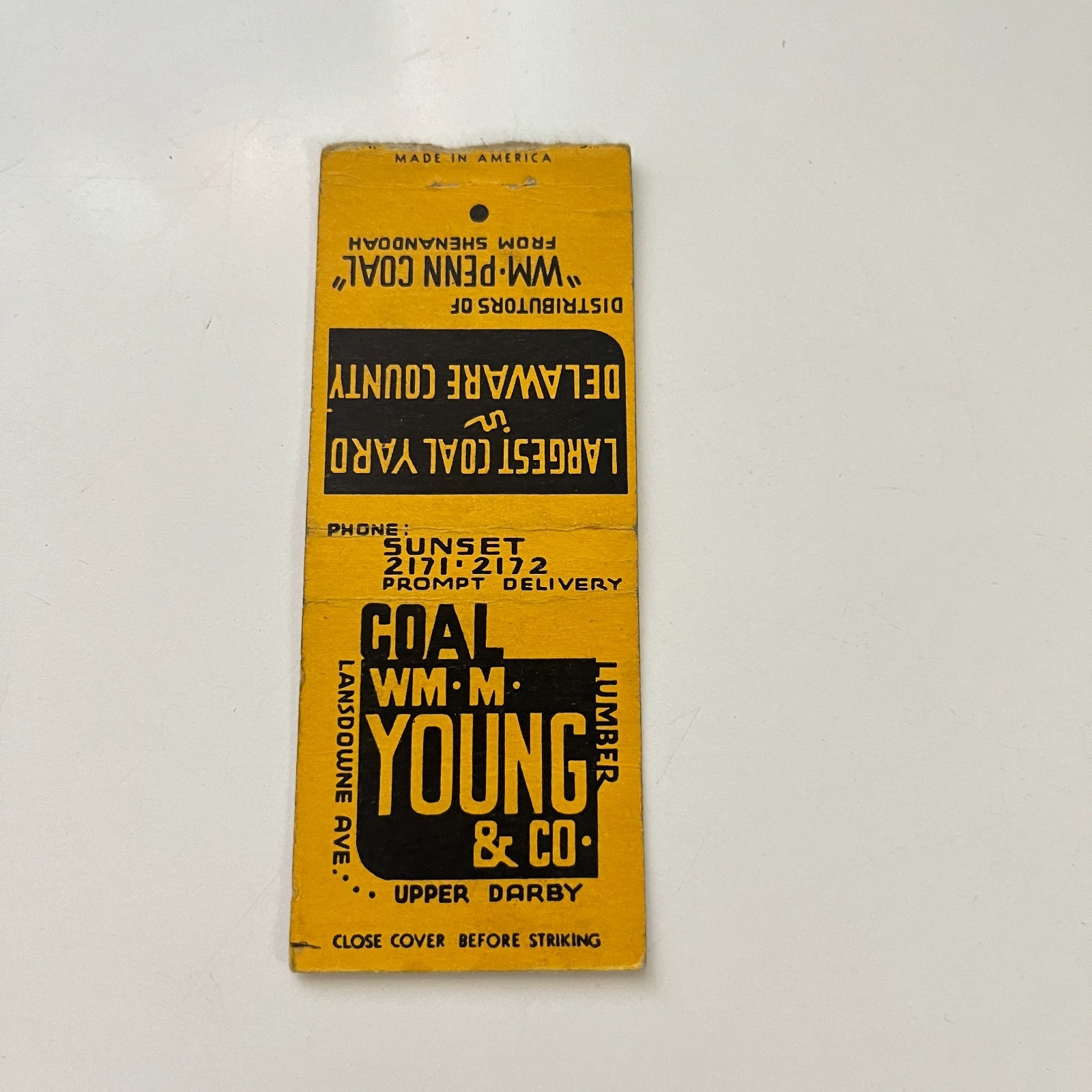 Wm M Young & Co Coal 1937 Upper Darby PA Vintage Matchbook Cover TMB84-3