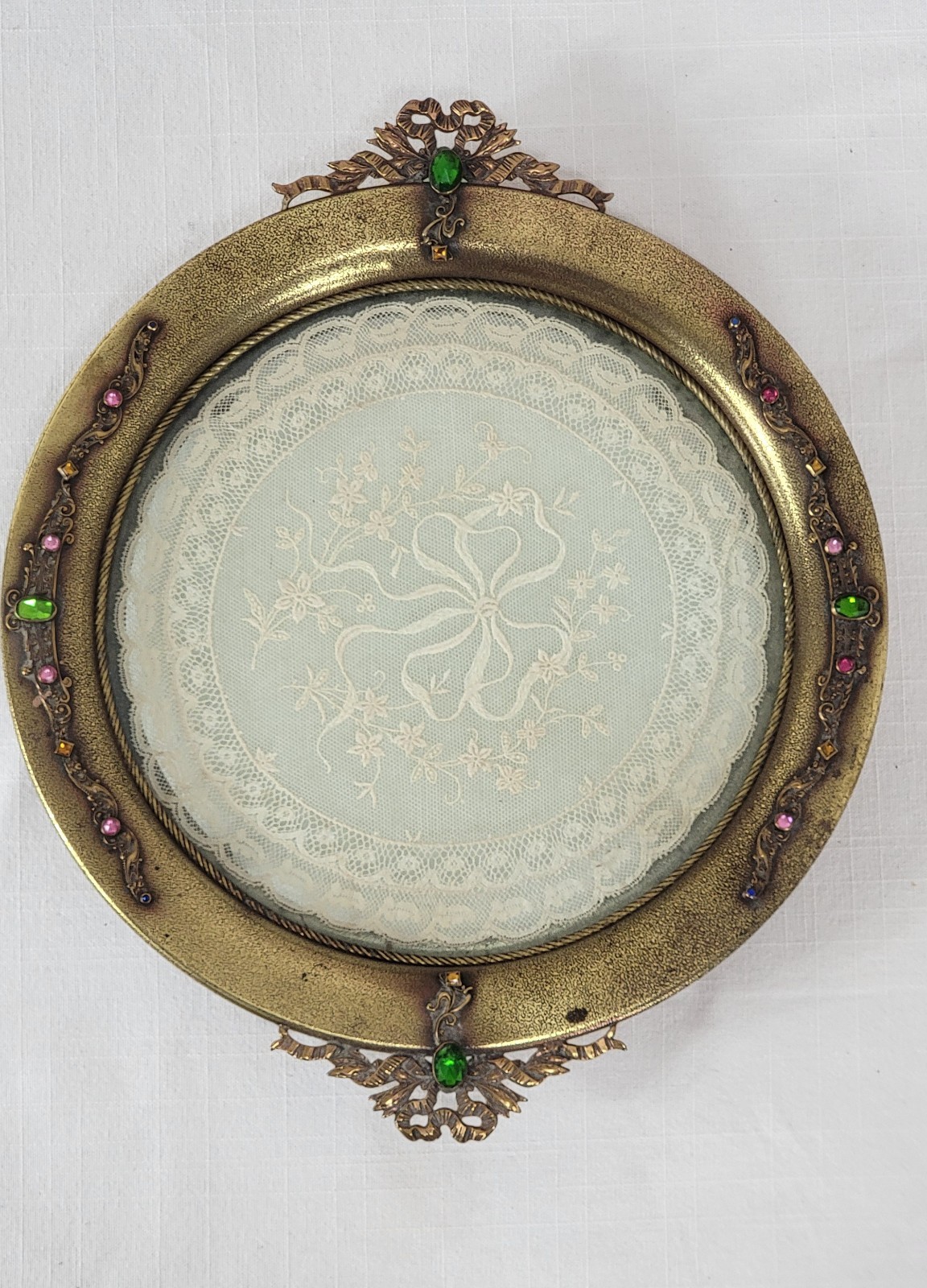 Antique E & JB Empire Art Gold Brass Copper Glass Dresser Jewel Tray Lace Doily Antique E & JB Empire Art Gold Brass Copper Glass Dresser Jewel Tray Lace Doily