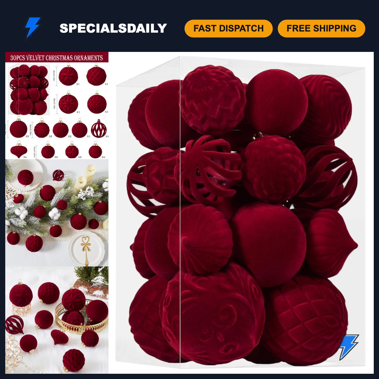 30pcs Velvet Christmas Ball Ornaments Set - Shatterproof Flocked Xmas Tree Decor