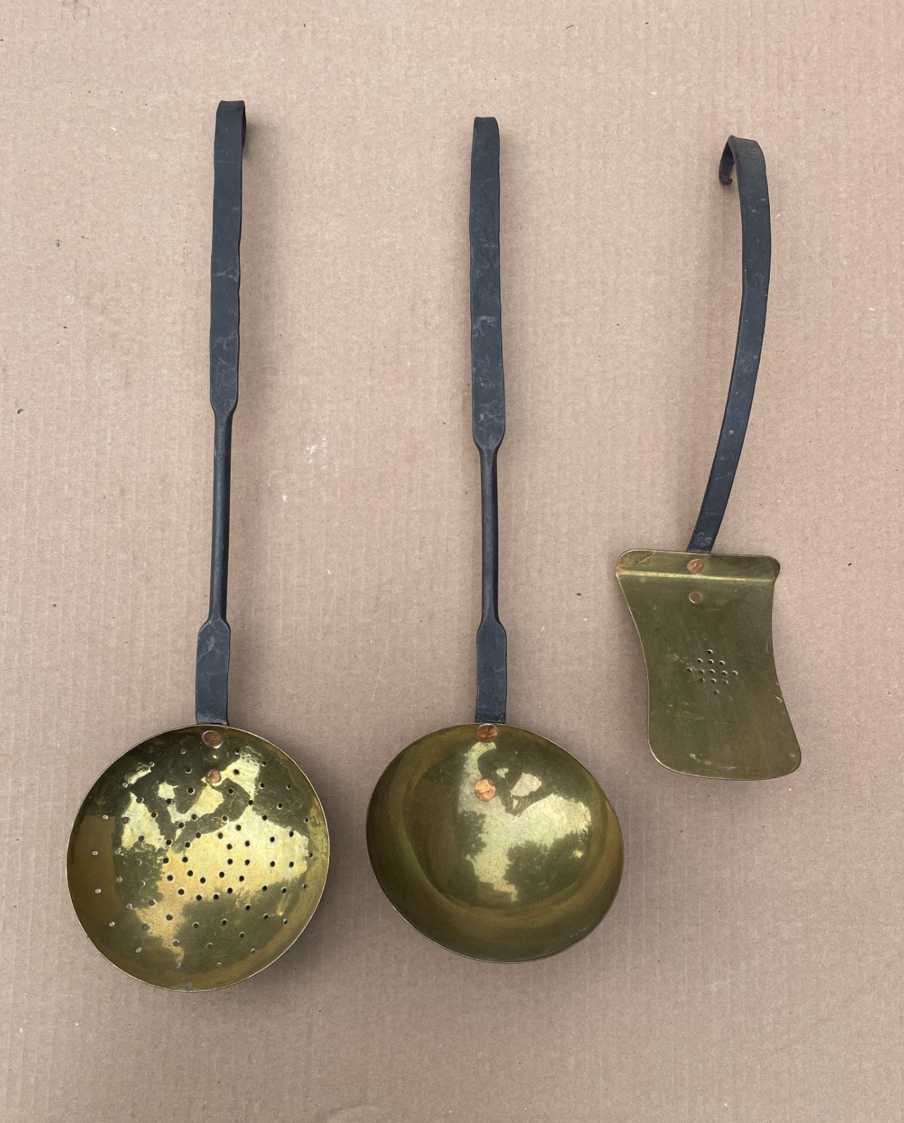 OUTSTANDING Vintage 3 Pc. BRASS LADLE SET Blacksmith Made Wrought Iron Handles