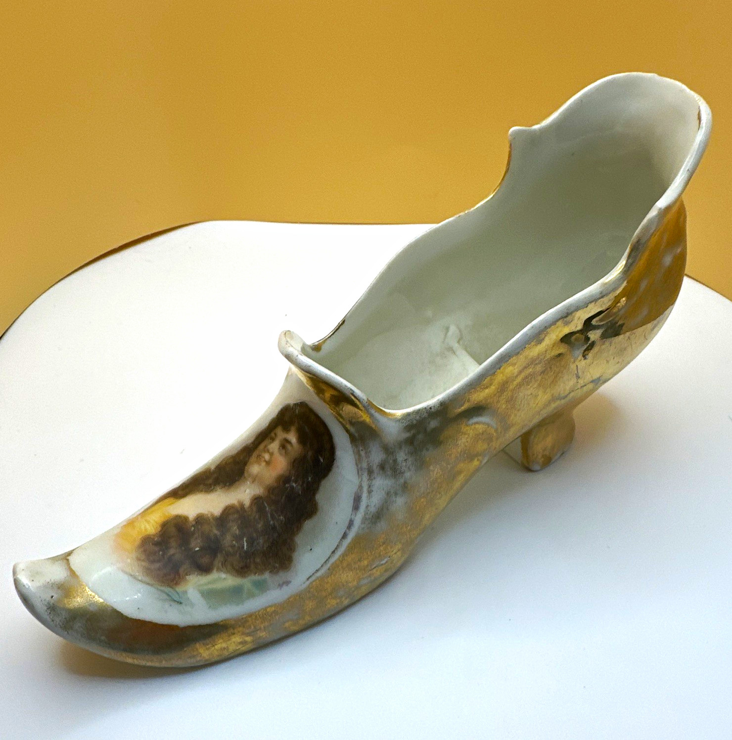 Vintage Hand Painted Porcelain Slipper Shoe Trinket Dish w/ Portrait, White/Gold