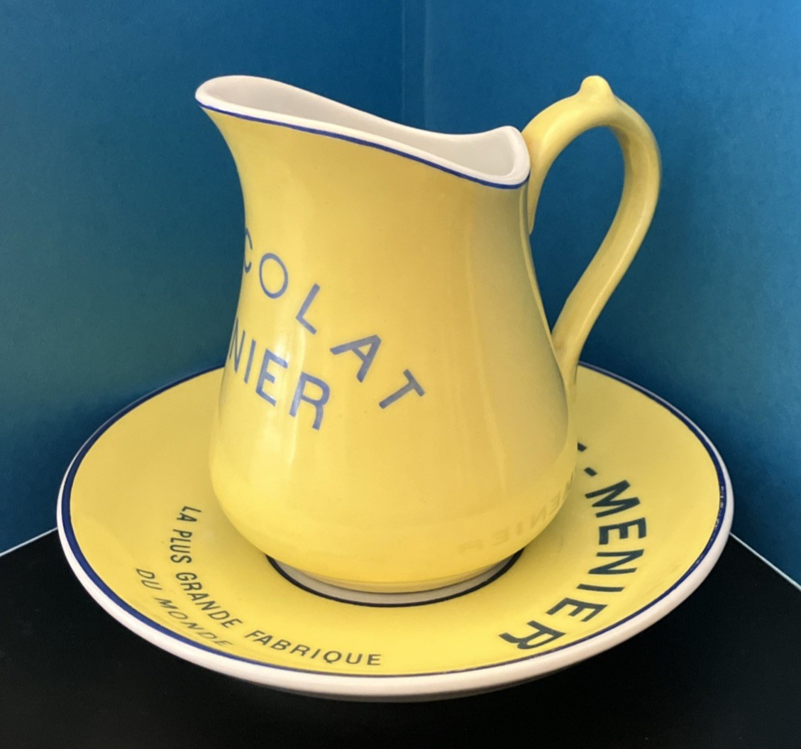 Rare Antique Chocolat Menier Pitcher and Saucer Set Vintage Café Pichet France Rare Antique Chocolat Menier Pitcher and Saucer Set Vintage Café Pichet France