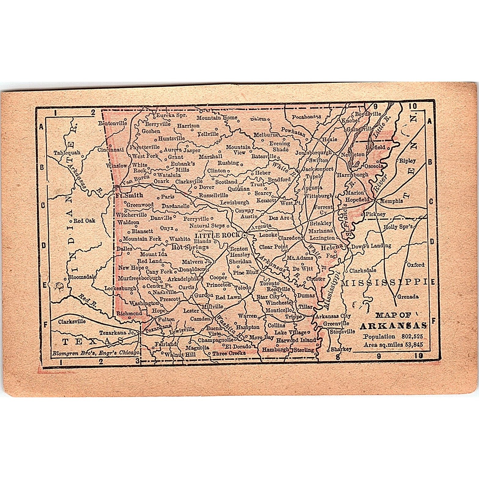 Antique 1889 Map of Arkansas 1889 Pocket Map Engraving SAG4-H4