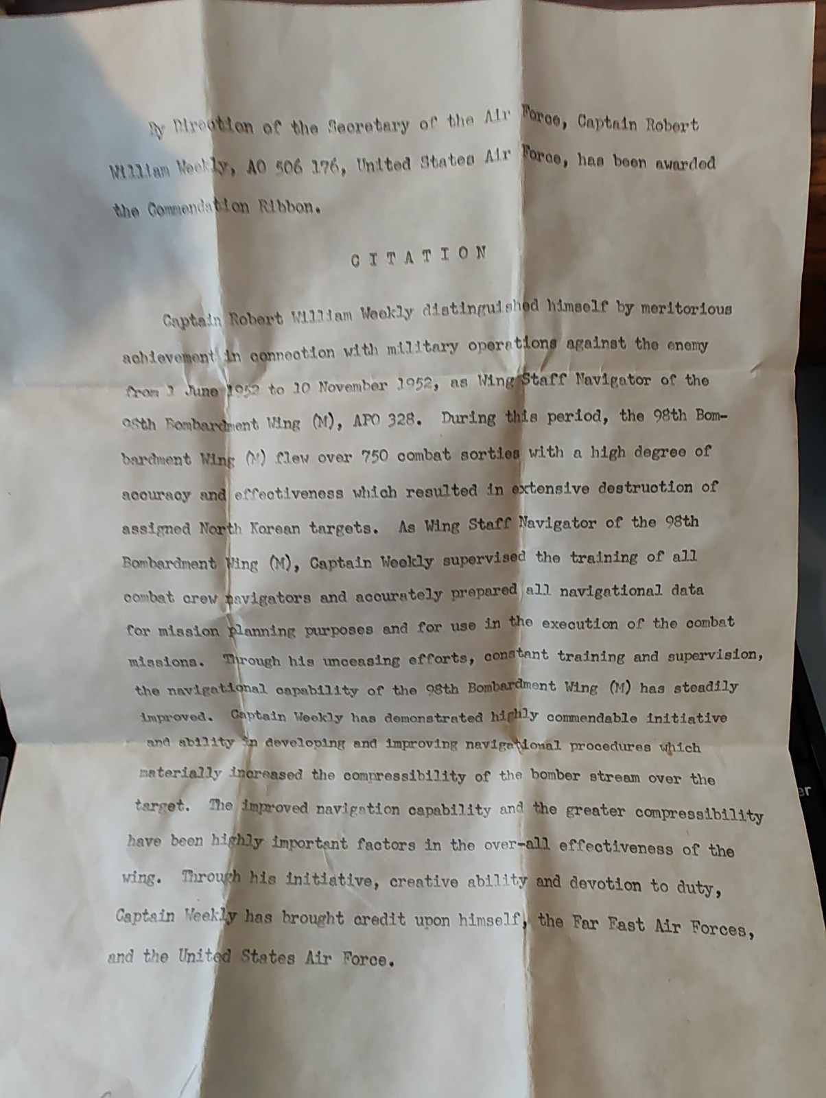 WWII Official Commendation Letter 1952 98TH BOMBARDMENT WING