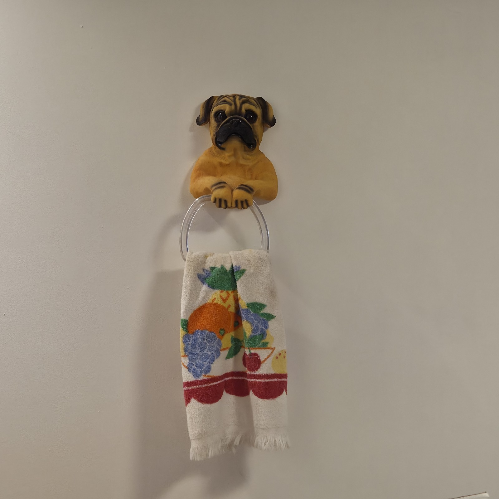 Vintage Resin Pug Dog Wall Mount Towel Ring Holder - 3D Figural Dog Decor