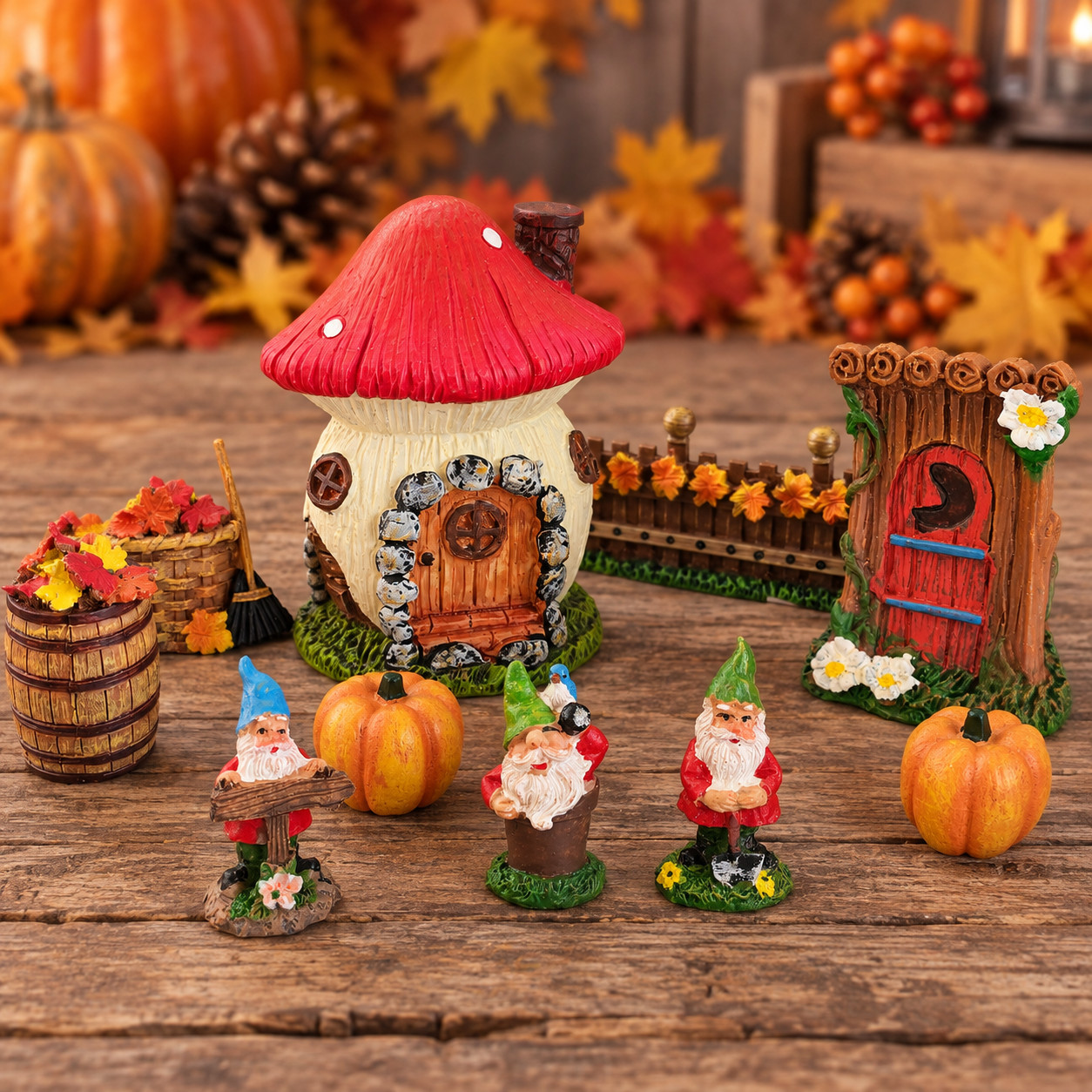 10 Pc Miniature Fall Gnome Fairy Garden Set Mushroom House Outhouse Pumpkins 10 Pc Miniature Fall Gnome Fairy Garden Set Mushroom House Outhouse Pumpkins
