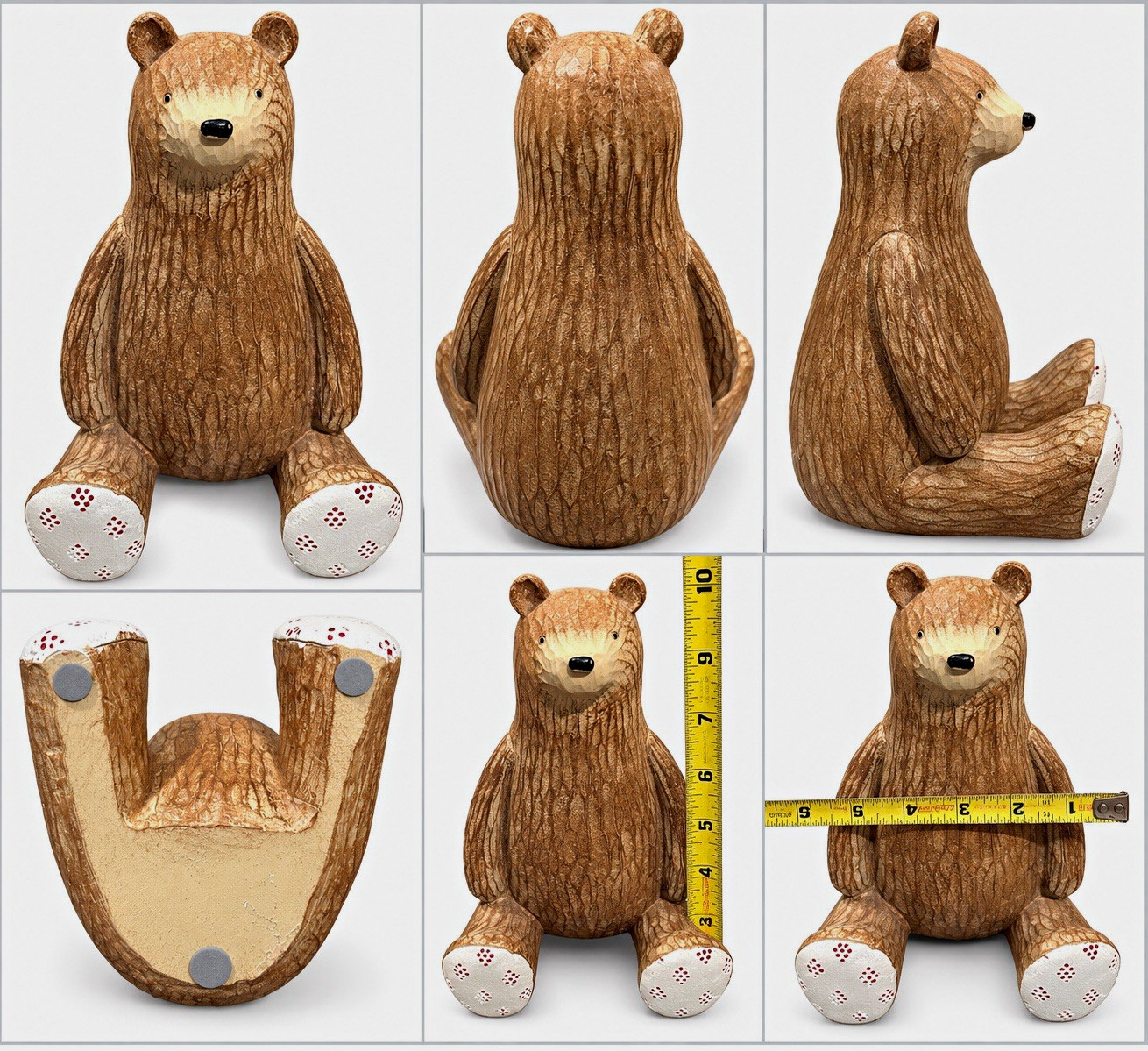 Wood Bear Figurine Sitting w/ White Paw Prints & Felt Pads, Approx 8 in