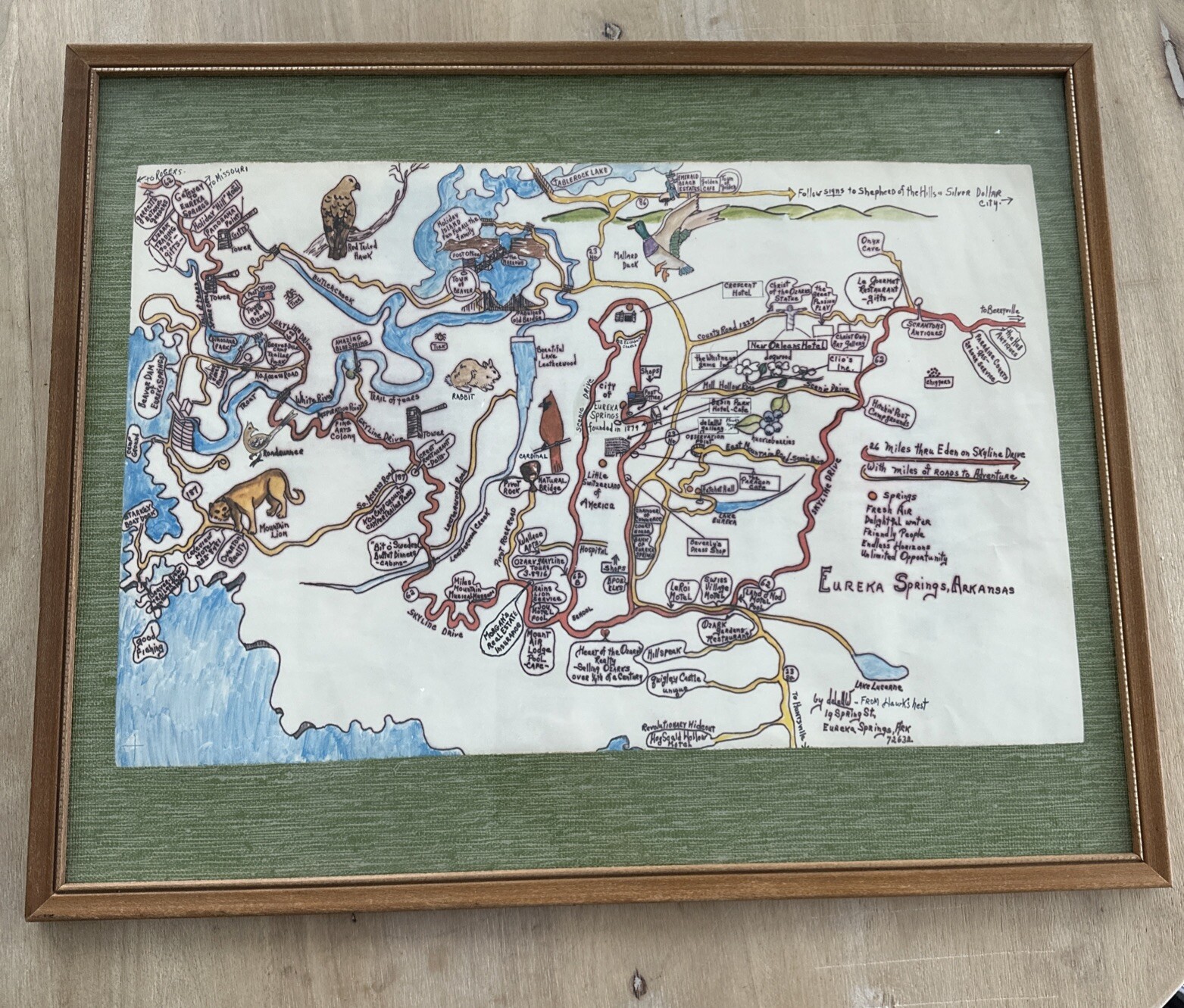 Vintage Eureka Springs Arkansas Hand Drawn (Printed) Attraction Map Framed 21x17 Vintage Eureka Springs Arkansas Hand Drawn (Printed) Attraction Map Framed 21x17