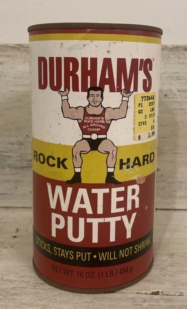 Vintage DURHAM\'S Rock Hard Water Putty 16oz Tin and Cardboard Vintage Prop