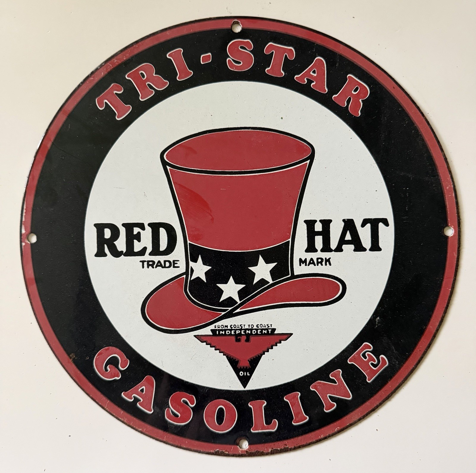 Vintage Tri-star Gasoline Red Hat Porcelain Enameled Steel Sign Vintage Tri-star Gasoline Red Hat Porcelain Enameled Steel Sign
