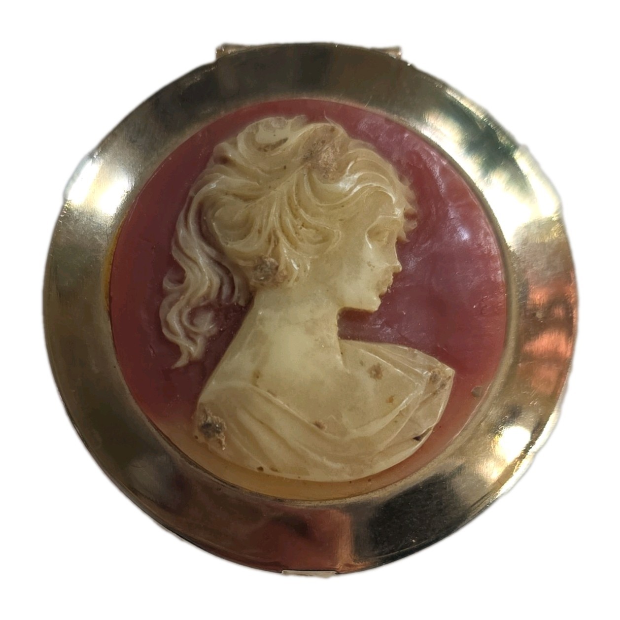 Vintage 1970s Cameo Pocket Compact Dual Lip Gloss Pill Box Gold Tone Rare