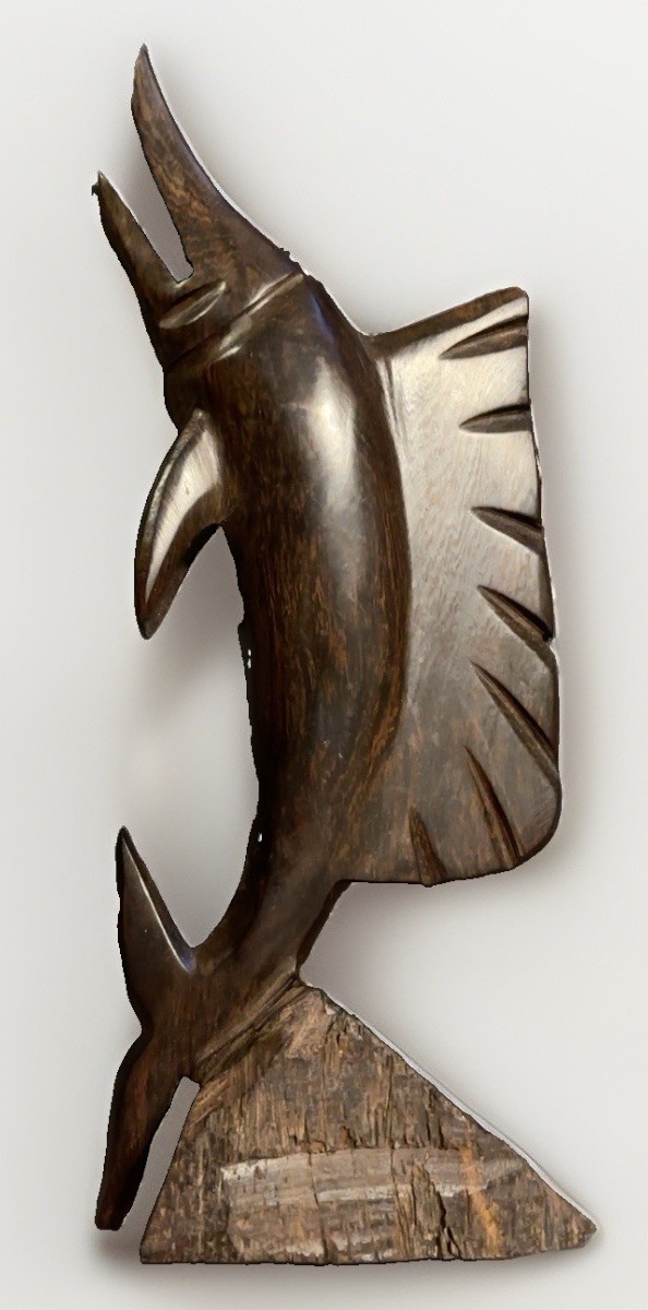 Vtg Sailfish Marlin Fish Sculpture Hand Carved Wood Tropical Root Base 10”
