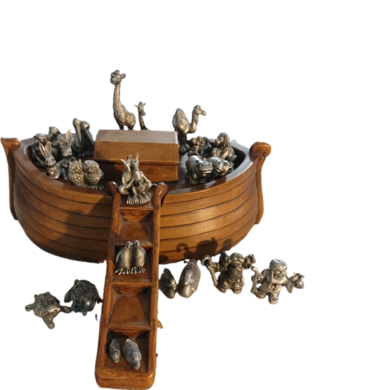 Vintage Hudson Pewter Noah's Ark Collection Set 21 Figurines & Wood Look Ark Set Vintage Hudson Pewter Noah's Ark Collection Set 21 Figurines & Wood Look Ark Set