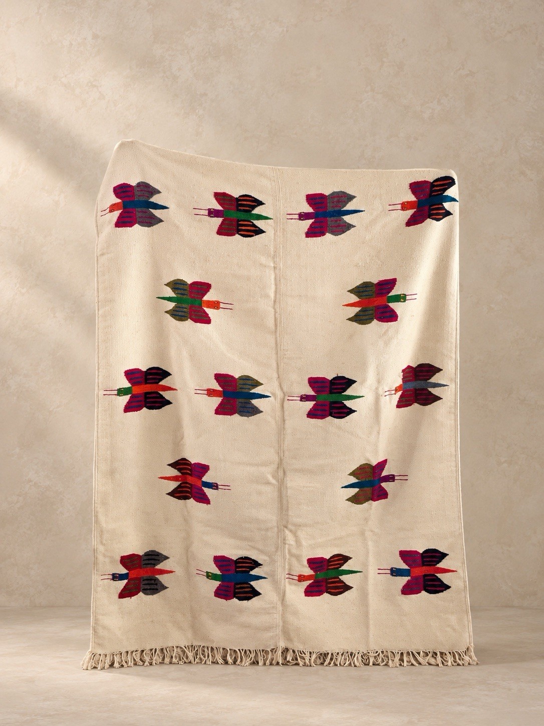 Vintage Handwoven Wool Butterfly Rug Folk Art Textile 54x72 Colorful Fringe