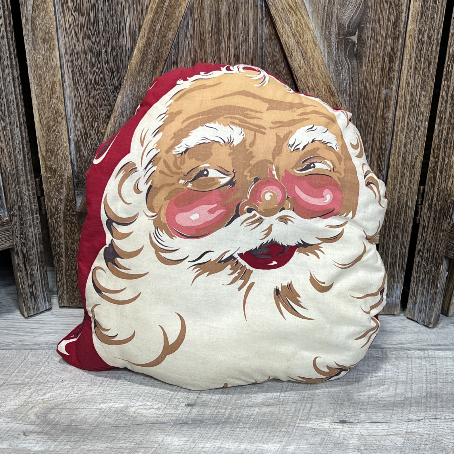 Vintage 1950s Santa Claus Face Head Merry Christmas Script Pillow 14” x 14”