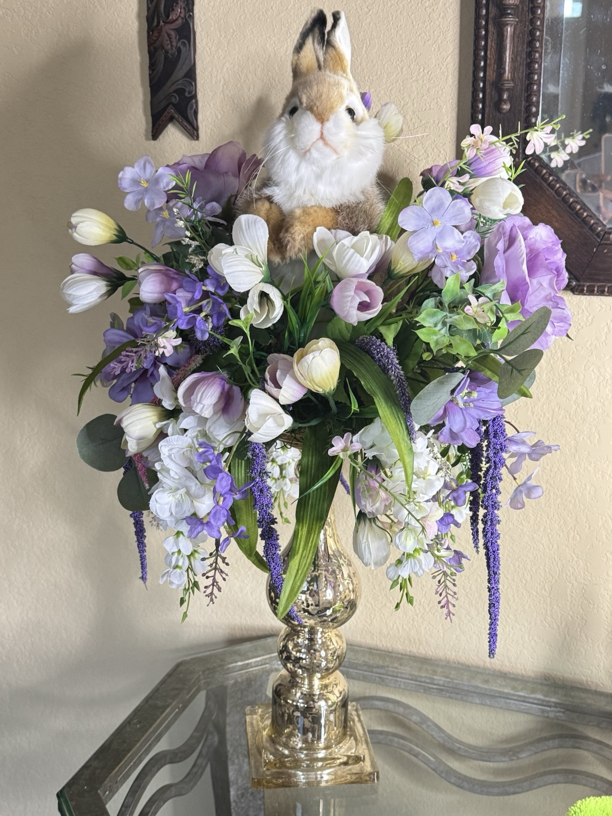 Gorgeous Floral Centerpiece with Vtg Easter Bunny Hand Crafted One Of A Kind Gorgeous Floral Centerpiece with Vtg Easter Bunny Hand Crafted One Of A Kind