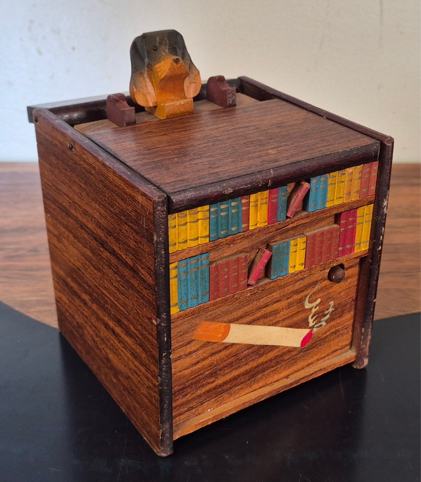 Vintage Mid-Century Mechanical Dog & Bookshelf Cigarette Dispenser Box- As Is Vintage Mid-Century Mechanical Dog & Bookshelf Cigarette Dispenser Box- As Is