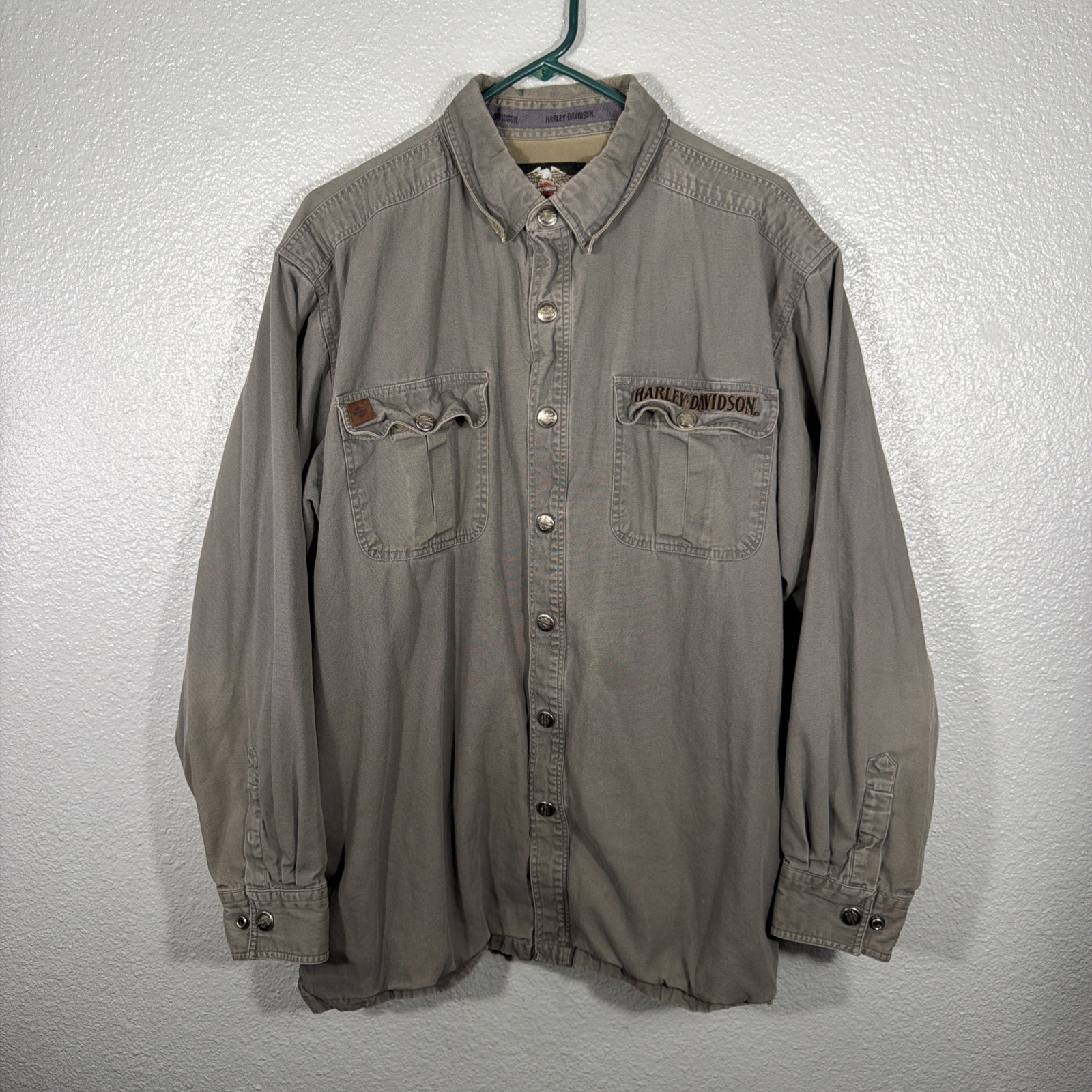 Vintage Harley-Davidson Grey Chore Jacket Embroidered On Front/Back Size XL RARE