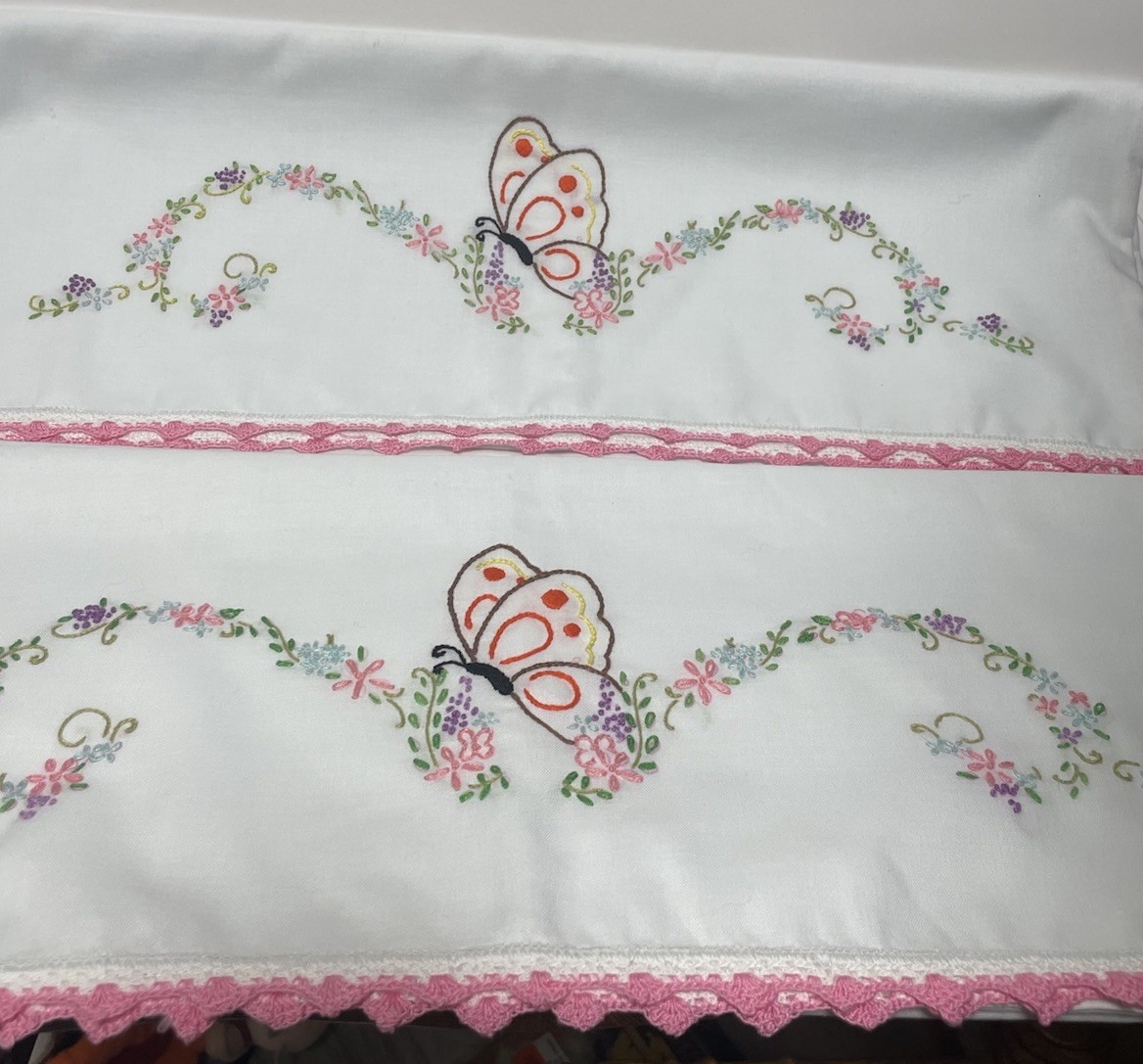 Pair Pillowcases Handmade Embroidered Butterflies And Flowers 31\ Pair Pillowcases Handmade Embroidered Butterflies And Flowers 31\