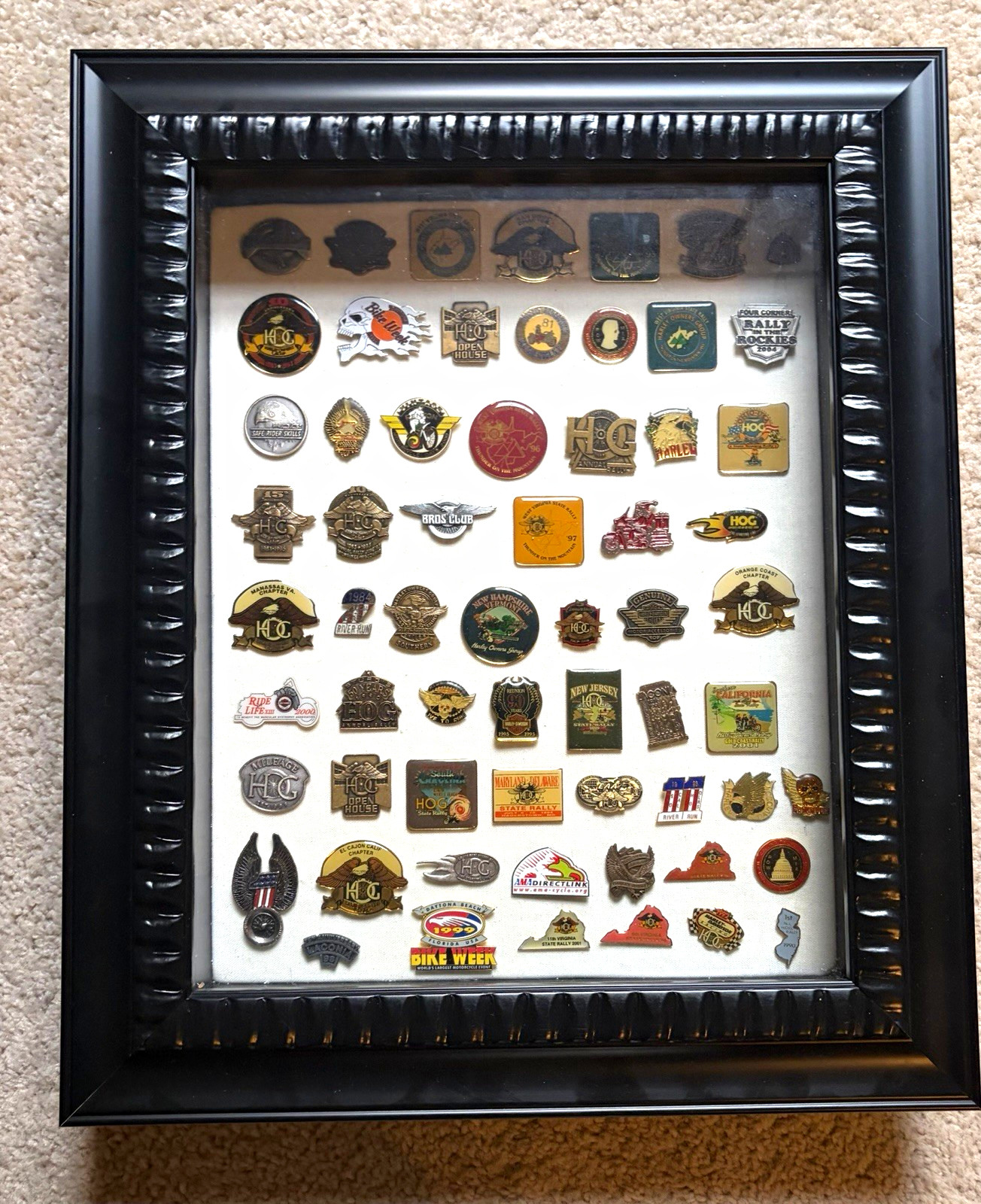 VTG Lot Of 62 Harley Owners Mixed Motorcycle Pinback Pins Shadow Box 18x15x2