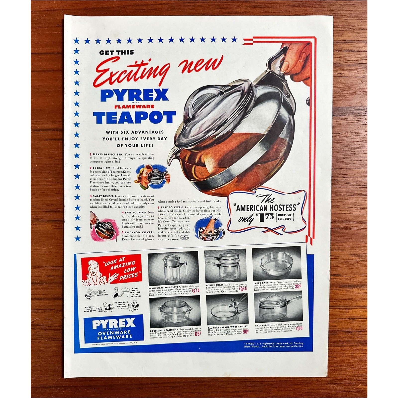 1941 VTG Original Magazine Ad PYREX Glass Exciting New Flameware Teapot