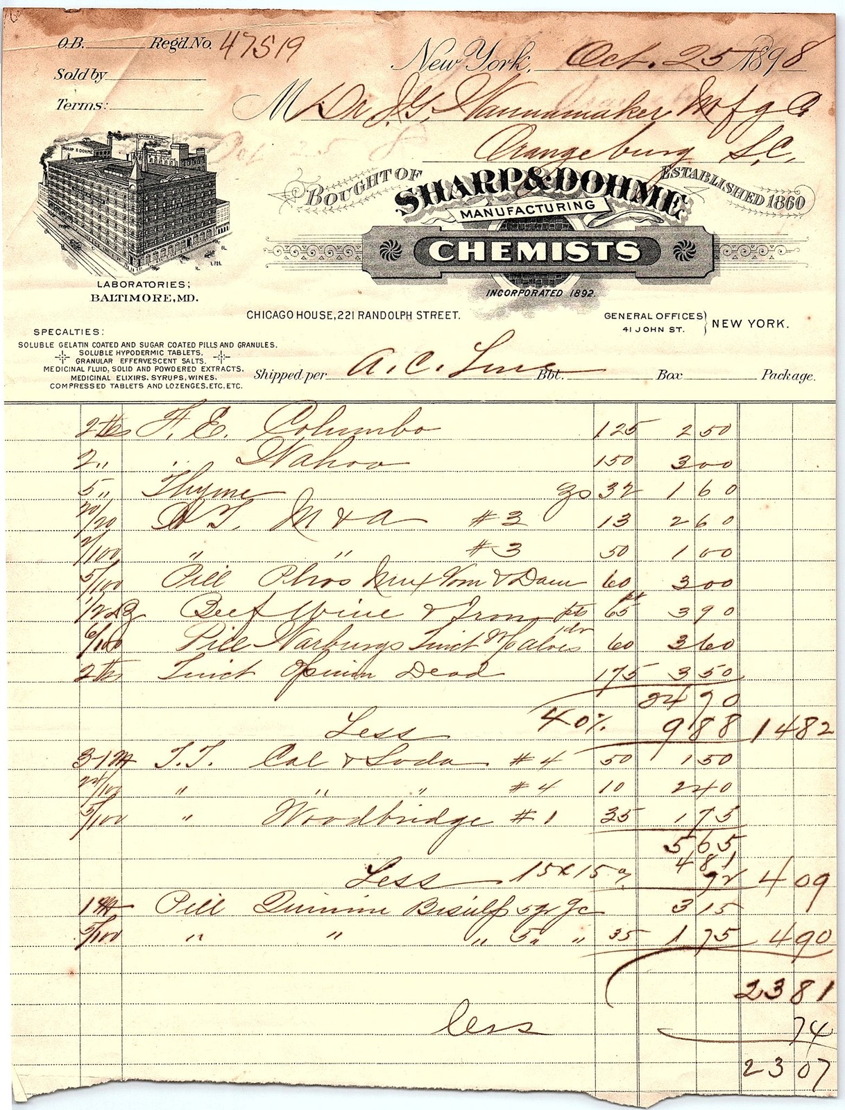1898 Sharps & Dohme Chemists billhead, Orangeburg, SC 1898 Sharps & Dohme Chemists billhead, Orangeburg, SC