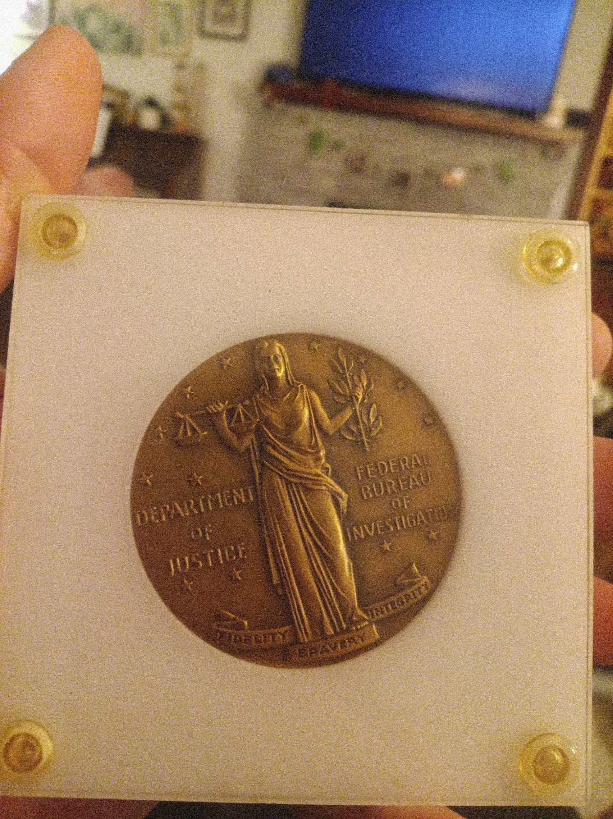 Vintage J. Edgar Hoover FBI / Department of Justice Bronze Medallion in Acrylic 