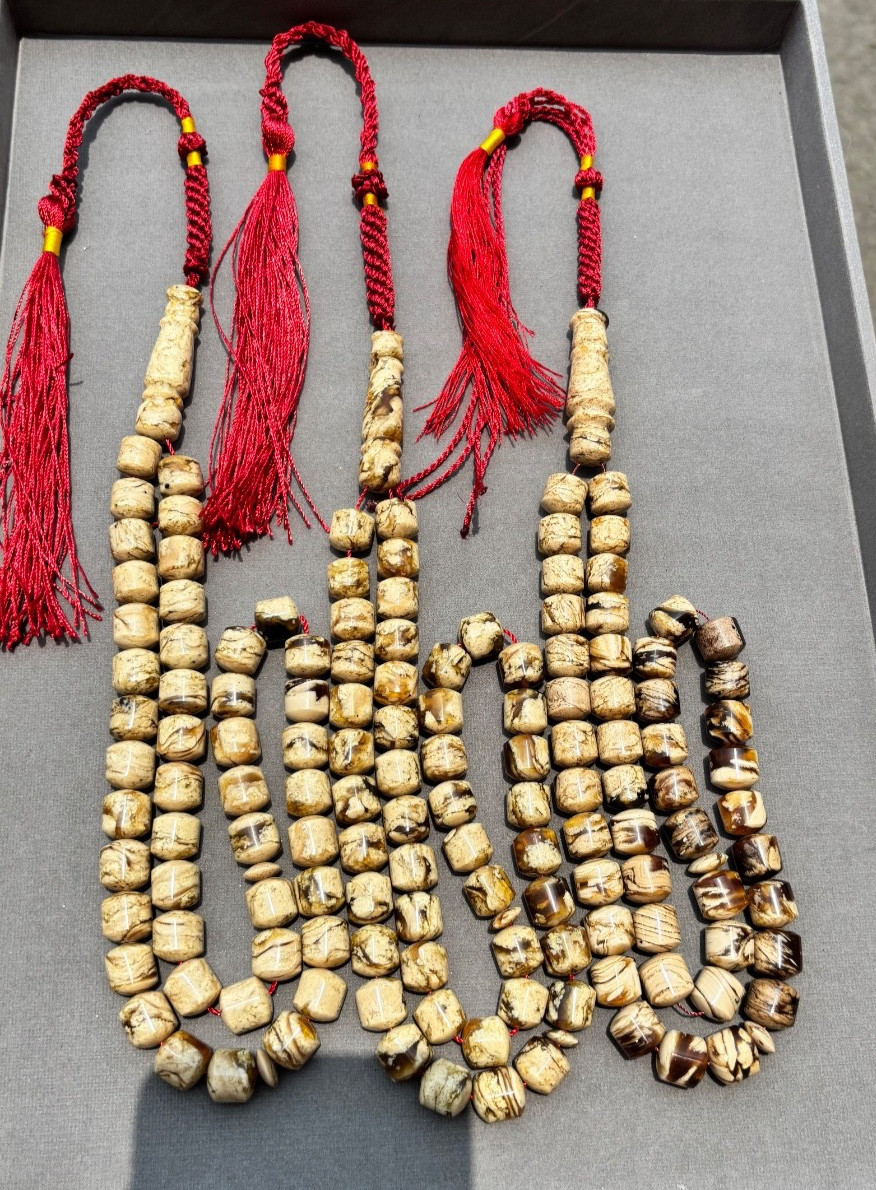 White Zebra Sumatra Amber Tasbih — 45 Barrel Beads, 3 pcs Lot, Rare Pattern Indo