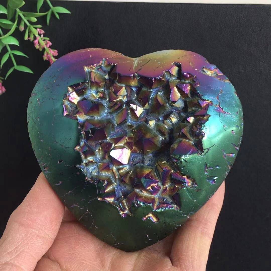 455g Titanium Rainbow Aura Agate Cluster Heart Shaped Quartz Crystal Healing